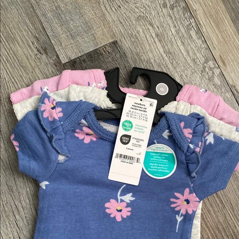 Set of 3 Carter's Blue and Pink Floral Bodysuit Set